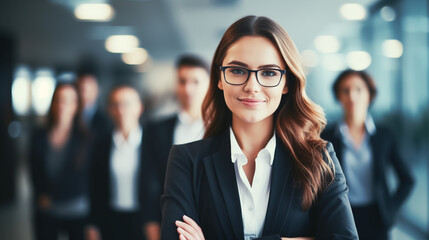 Successful businesswoman standing in creative office and looking at camera. Woman entrepreneur in a coworking space smiling. Portrait of beautiful business woman standing in front of business team - obrazy, fototapety, plakaty