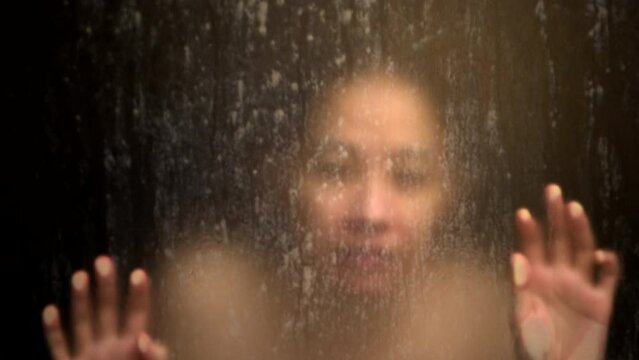 Asian woman out of mind tired stress burn out from life behind blur show glass scary sad scene