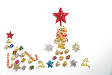 Christmas decoration on white background with copy space for text. Top view.