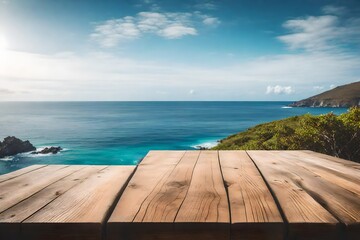 Wooden Table with Island and Clear Blue Sky