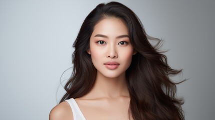 A captivating Asian woman showcases her flowing hair and subtle makeup, exuding grace and confidence