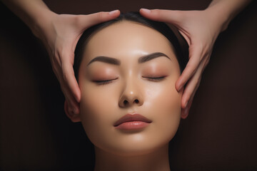 A serene Asian woman enjoys a soothing facial massage, embodying relaxation and well-being