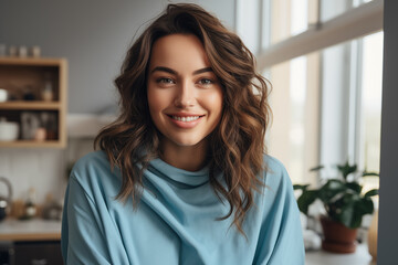 A confident young woman with a mesmerizing smile and lush, wavy hair wears a sophisticated blue blouse