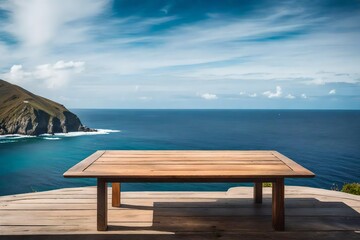 Wooden Table with a View of the Sea and Vast Blue Sky