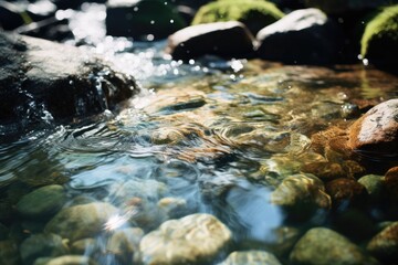 Close-up of clear water flowing in a spring creek - obrazy, fototapety, plakaty