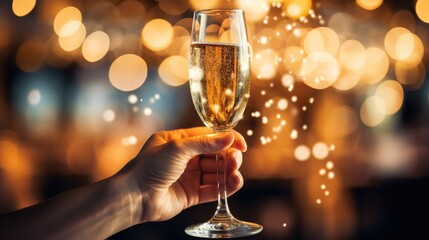 one hand holding champagne glass with drink on bokeh backgound with colorful lights