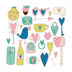 Bright colored hearts of different types and shapes vector set. Stickers. Lots of hearts for design set. Vector