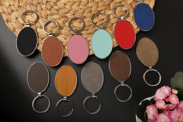 Obraz na płótnie Canvas Metal and leather keychains. Colorful one side leather; Square, rectangle and circle shaped key rings. Concept shots, photos taken specially for e-commerce sales.