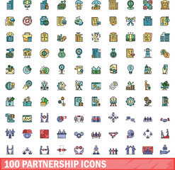 100 partnership icons set. Color line set of partnership vector icons thin line color flat on white