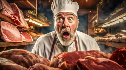 Fotobehang Shocked chef in butcher's shop with wide eyes, surrounded by fresh meat cuts © edojob
