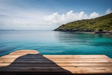 Wooden Table with a Panoramic View of Sea and Blue Sky