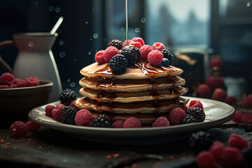 Pancakes with fruit sauce and berries on a plate