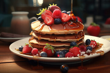 Pancakes with fruit sauce and berries on a plate