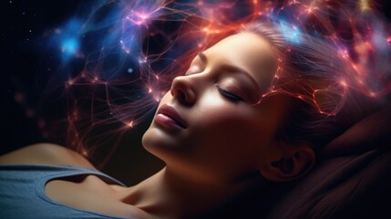 A woman with her eyes closed and her hair in the air. Sleep optimization, cognition enhancement.
