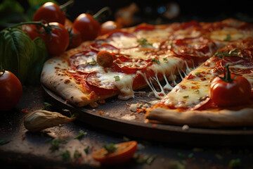 Pizza with tomatoes and cheese. Close up