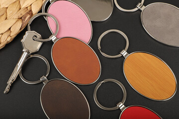 Metal and leather keychains. Colorful one side leather; Square, rectangle and circle shaped key rings. Concept shots, photos taken specially for e-commerce sales.