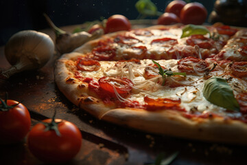 Pizza with tomatoes and cheese. Close up