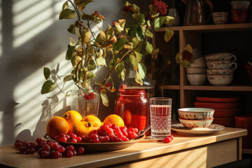 Still life. Fruit and a glass of water are on the table