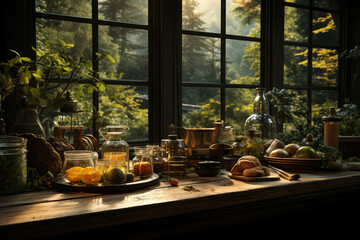 Products and dishes are on the windowsill table. - obrazy, fototapety, plakaty