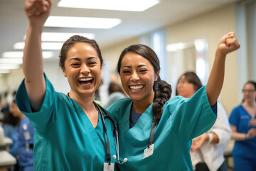 two nurses laughing and talking in a hospital, showcasing positivity, camaraderie among healthcare workers