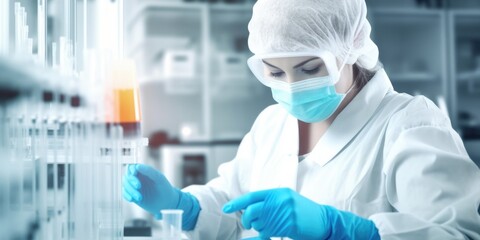 A woman in a white lab coat and blue gloves. Biotechnology, molecular biology analysis in modern laboratory.