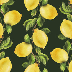 Lemons are yellow, juicy, ripe with green leaves, flower buds on the branches, whole and slices. Watercolor, hand drawn botanical illustration. Seamless pattern on a green background.