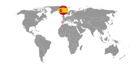 Pin map with Spain flag on world map. Vector illustration.