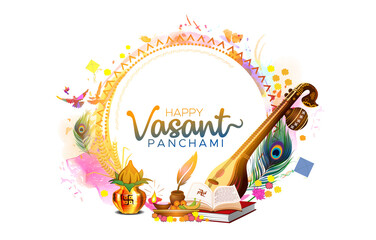 Happy vasant panchami festival poster template, frame design. Indian spring day celebration and puja concept. - obrazy, fototapety, plakaty