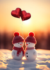 verliebtes Schneemann Paar mit roten Herzballons