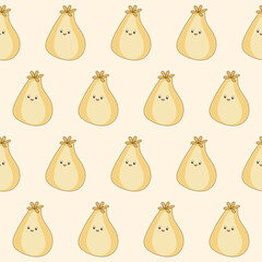 Seamless Cute Kawaii Fruit Character Textile Fabric Pattern Background. Doodle Fruit Symbol Wrapping Paper Swatch Print Template