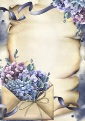 Craft envelope with hydrangea and eucalyptus flowers, ribbons, stains and splashes. Hand drawn watercolor illustration. Frame, vertical template for text on a paper scroll background.
