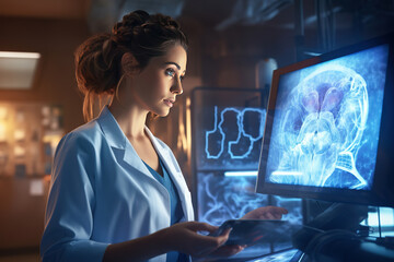 An expert female neurologist deeply engrossed in examining brain scans, utilizing innovative medical technology for diagnosis, highlighting her proficiency and expertise.