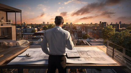 An architect scrutinizes building plans on a rooftop, overseeing an outdoor construction project, reflecting expertise and commitment to design excellence.