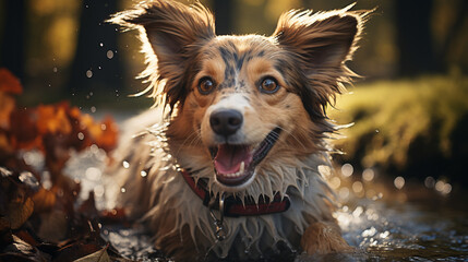 Close-up of playful dog with bokeh blur background, AI Generated