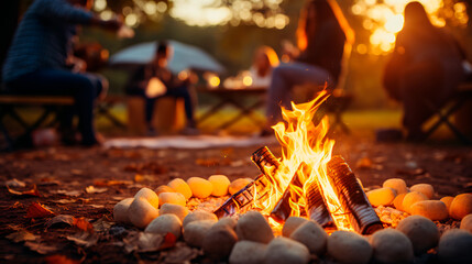 close up of a campfire in a camp, in the background a table with friends