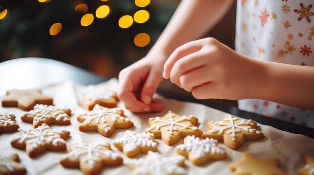 Merry Christmas and Happy Holidays - Children's hands making decorating sugar frosting Christmas cookies on wooden table, Festive homemade decorated sweets, generative ai