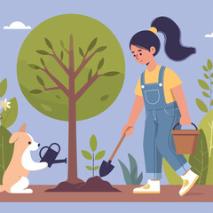 Illustration of woman planting trees. flat and minimalist design