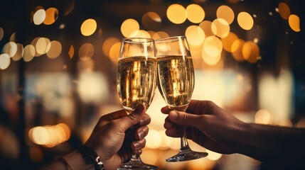 two hands holding glasses of champagne cheering and celebrating with colorful bokeh background
