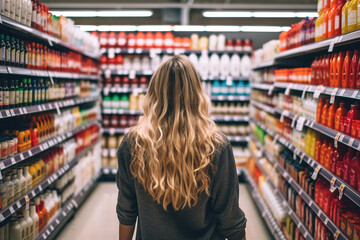 A woman comparing products in a grocery store, considering nutrition, prices, and ingredients, demonstrating informed consumer behavior - obrazy, fototapety, plakaty