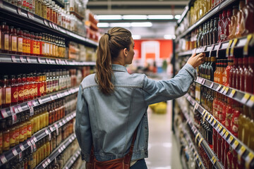 A woman comparing products in a grocery store, considering nutrition, prices, and ingredients, demonstrating informed consumer behavior