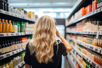 A woman comparing products in a grocery store, considering nutrition, prices, and ingredients, demonstrating informed consumer behavior