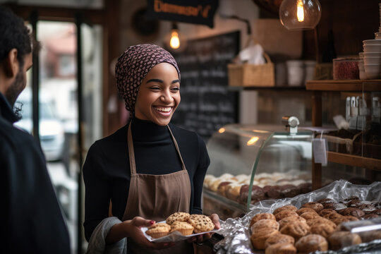 A smiling female baker, who's also the shop owner, offering exemplary customer service as she hands a customer their order in her retail store
