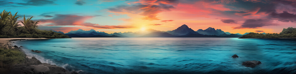 Obraz premium Tropical Serenity: Majestic Sunrise over Tranquil Seashore