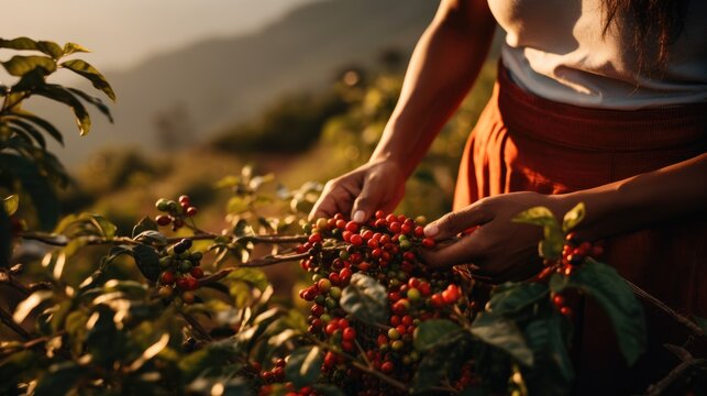 Farmer Picking Coffee Cherries, Coffee Bean Harvesting In Plantation