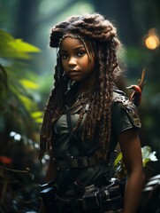 Fototapeta na wymiar Dark-skinned young girl in full length military uniform with weapon in hand in the jungle