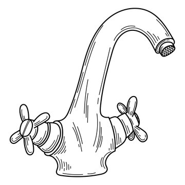 recommend clip art: Water tap sketch. Bathroom kitchen faucet. Hand drawn line art illustration.