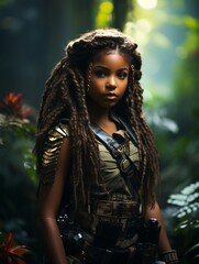 Dark-skinned young girl in full length military uniform with weapon in hand in the jungle