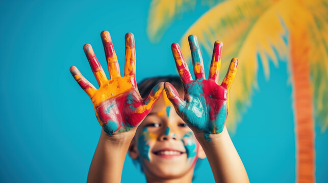 The children's palms are painted in bright paint, Children's creativity Concept, Drawing, Creativity, Happy childhood, generative ai