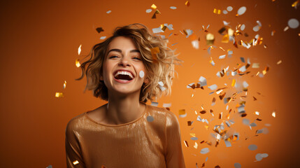 beautiful smiling caucasian woman celebrating happy on a yellow background with confetti
