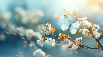 Spring background with blooming cherry tree and butterfly.